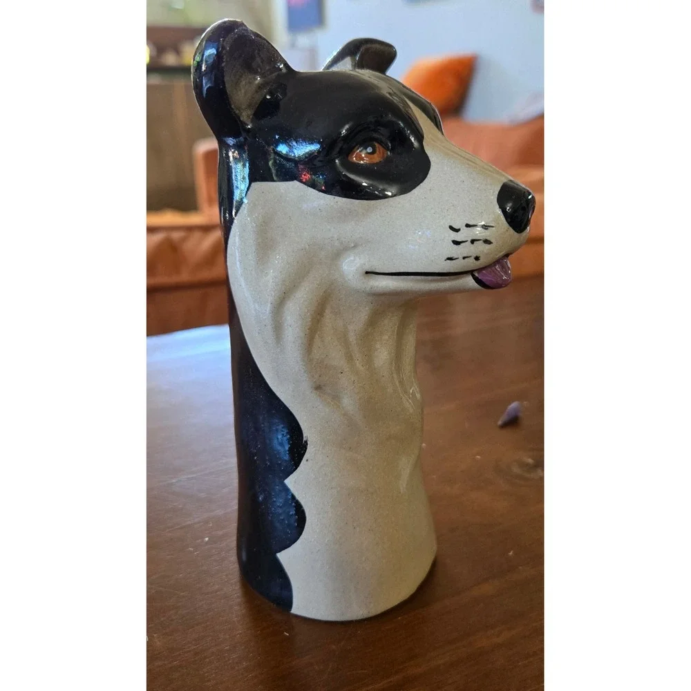 Kitschy Hand Painted Ceramic Dog Head Bud Vase Border Collie Figurine Glossy 7
